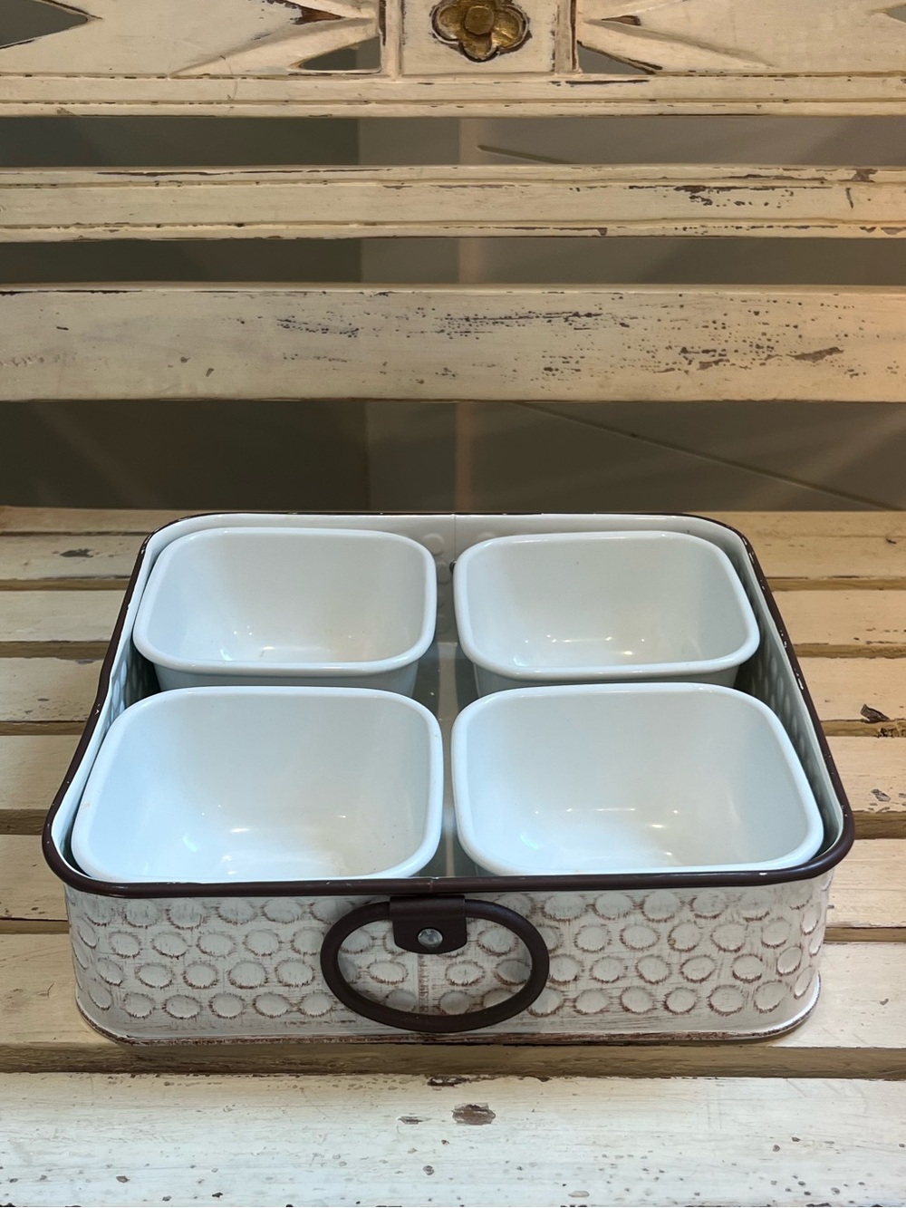 White Metal Condiment Serving Set with Decorative Tray